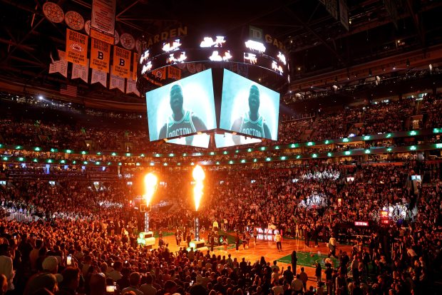 The Boston Celtics are introduced before their showdown with the Golden State Warriors at the TD Garden. (Photo By Matt Stone/Boston Herald)