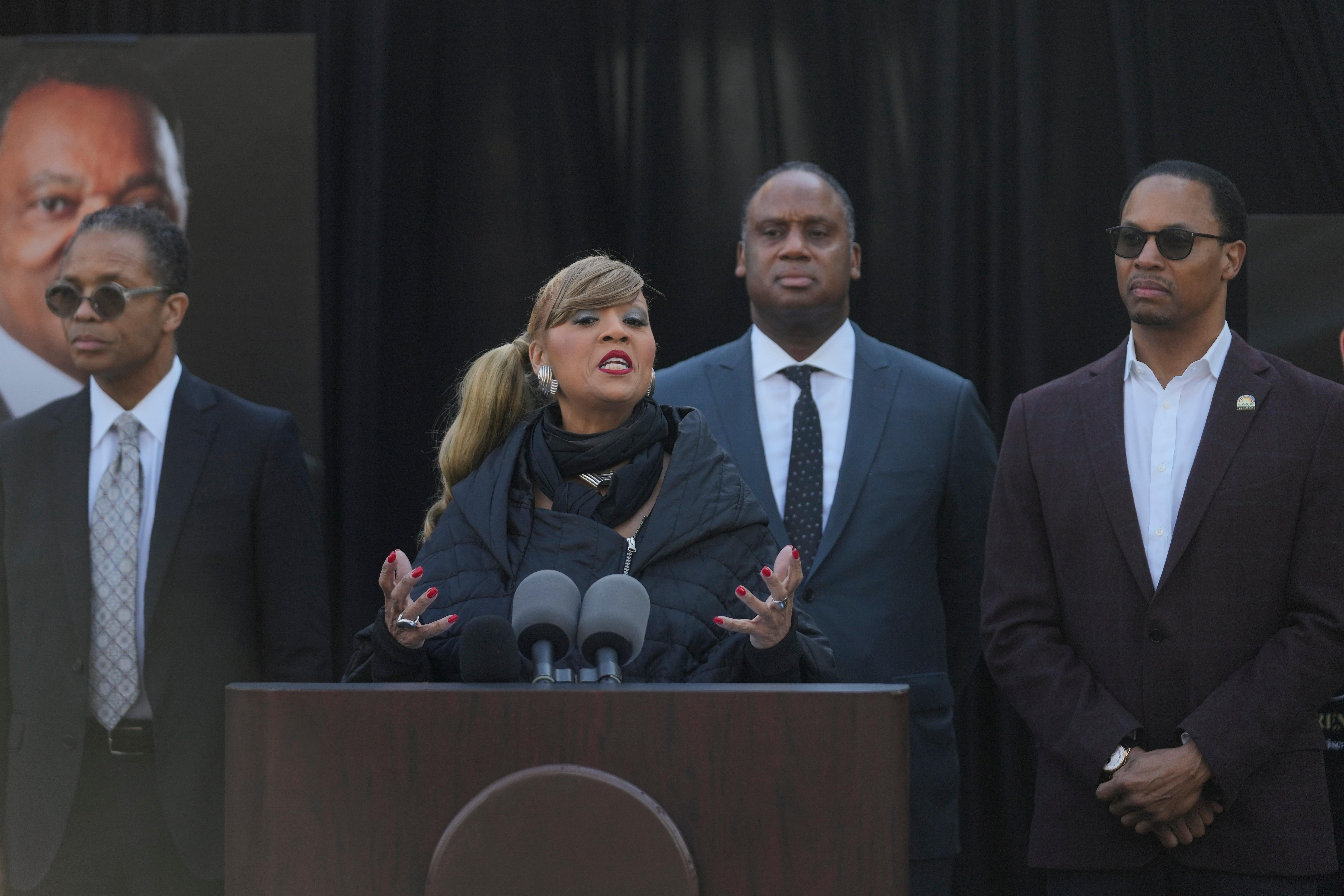 Santita Jackson speaks during a news conference regarding the death...