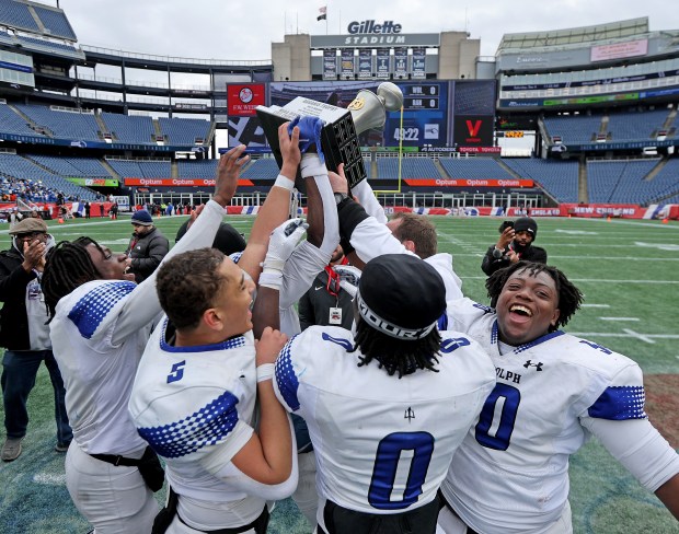 Randolph celebrates its 21-0 win over West Boylston during the Div. 8 Super Bowl on Saturday. (Photo By Matt Stone/Boston Herald)
