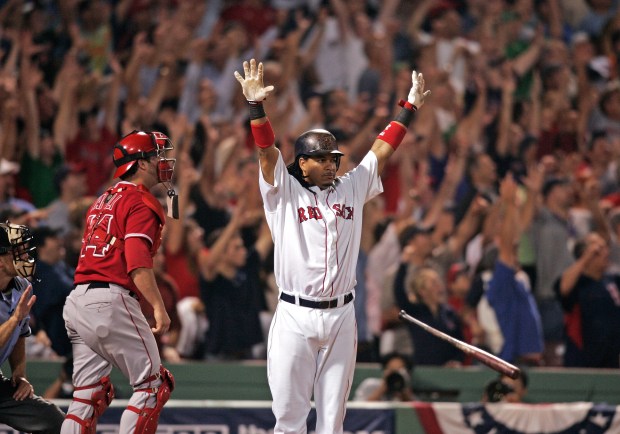 Former Red Sox slugger Manny Ramirez wins the game with a walk-off homer to beat the Los Angeles Angels in Game 2 of the American League Divisional Series at Fenway Park on Saturday, Oct. 6, 2007. (Staff Photo by Matthew West)