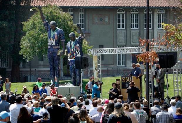 Harry Edwards, a former SJSU sociology professor, speaks at San Jose State University as the school announces the return of the track and field program Monday morning, Aug. 1, 2016. The announcement was made next to the 24-foot-tall statutes of Spartan star runners Tommie Smith and John Carlos, who were both in attendance. (Karl Mondon/Bay Area News Group)
