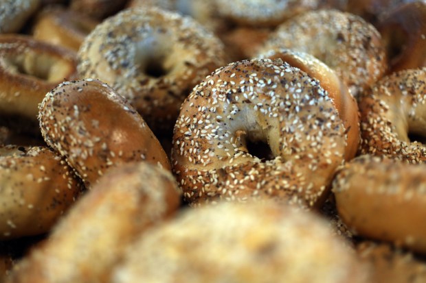 A basket of bagels in the retail kitchen area of the new Boichik Bagels production facility on Thursday, March 23, 2023, in Berkley, Calif. The 18,000 square foot plant will produce dough, bagels and pastries. (Aric Crabb/Bay Area News Group)