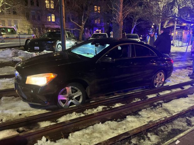 The MBTA Police said that a car got stuck on the Green Line tracks early Monday morning. (Courtesy of the T Police)