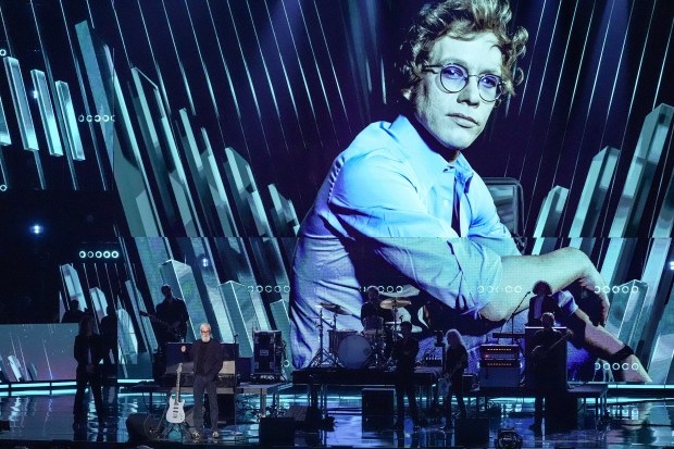 David Letterman, alongside the guitar that Warren Zevon gave to him, speaks during the 2025 Rock and Roll Hall of Fame Induction Ceremony. (AP Photo/Chris Pizzello)