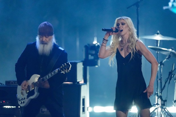 Taylor Momsen, right performs with Kim Thayil of Soundgarden, during the 2025 Rock and Roll Hall of Fame Induction Ceremony. (AP Photo/Chris Pizzello)