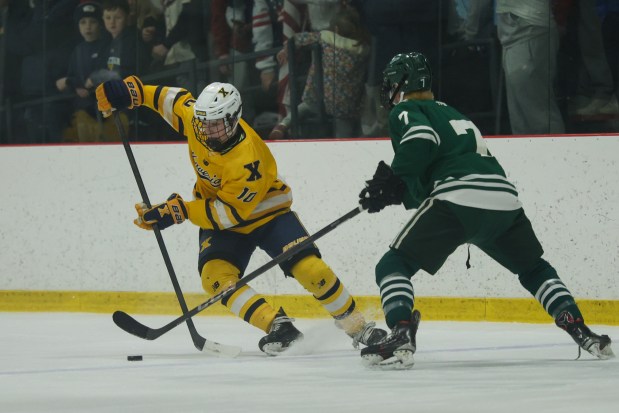 Marshfield's Jonathan Sullivan tries to take the puck away from Xaverian's Charlie Comerford during Sunday's Div. 1 boys hockey game. (Photo by Reba Saldanha/Boston Herald)