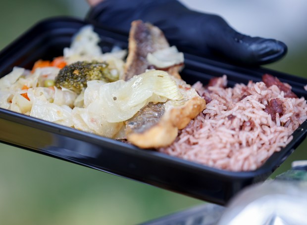 Caribbean food including Escovitch fish, jerk chicken, steamed vegetables, rice and beans, and roti bread from the Taste of Eden restaurant, of Dorchester, was served during Caribbean Carnival Kickoff festivities Saturday in Southie. (Photo by Paul Connors/Media News Group/Boston Herald)