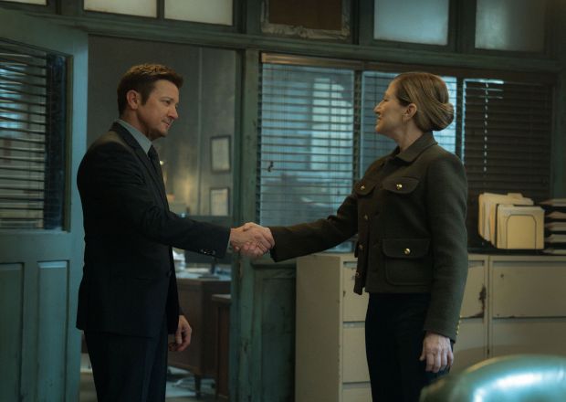 Jeremy Renner and Edie Falco in a scene from the new season of "Mayor of Kingstown." (Photo courtesy Paramount+)