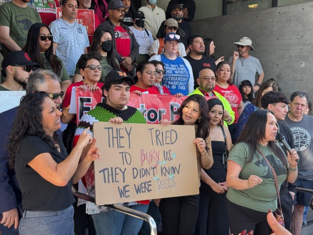 18-year-old deaf activist Anthony Paredes with L.A. educators and organizers at a Saturday, Jan. 31, 2026 rally decrying federal immigration enforcement. The rally was held in front of LA Unified School District headquarters in downtown Los Angeles. (Photo by Joshua Silla)
