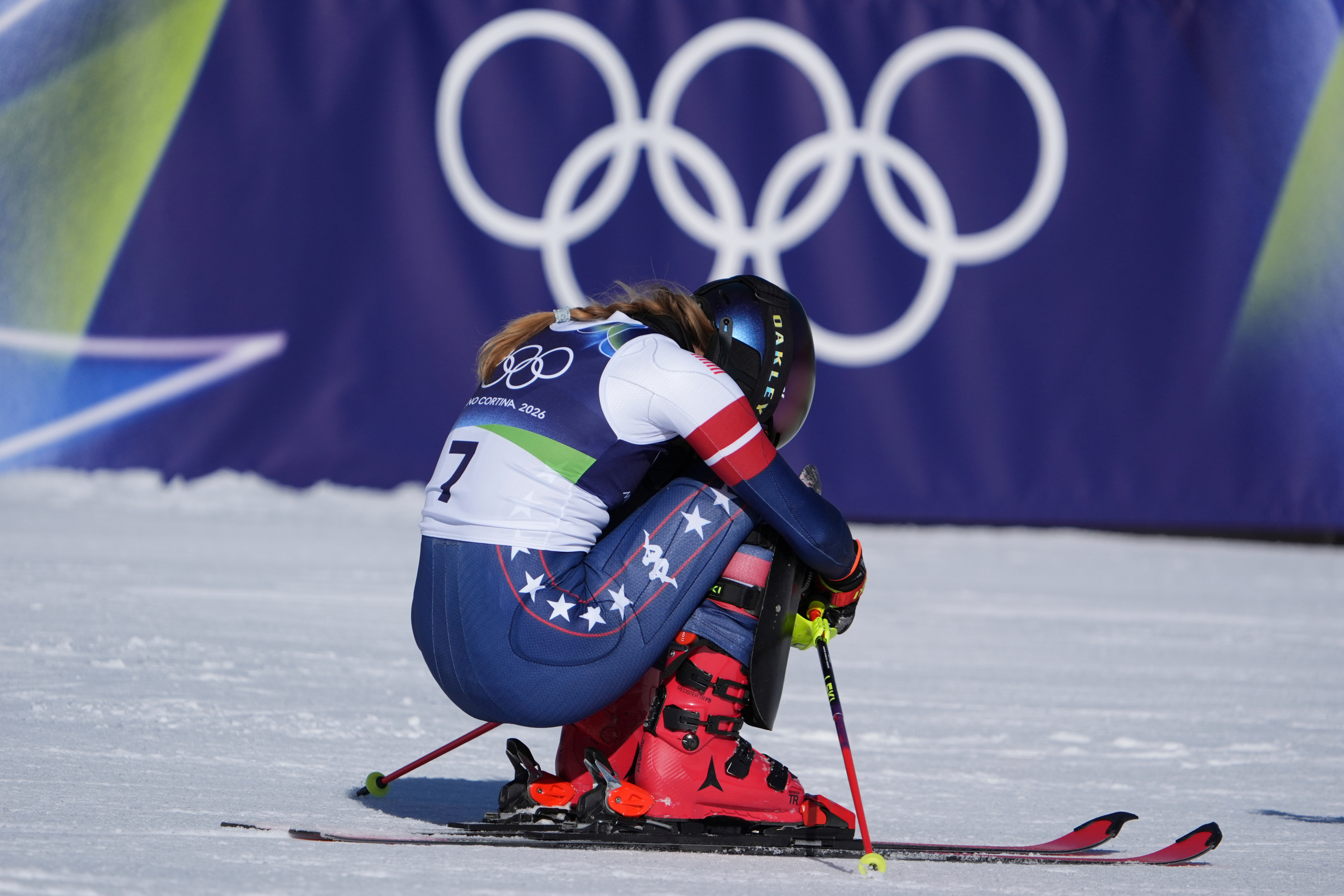 Mikaela Shiffrin celebrates at the finish area of an alpine ski, women's slalom race.