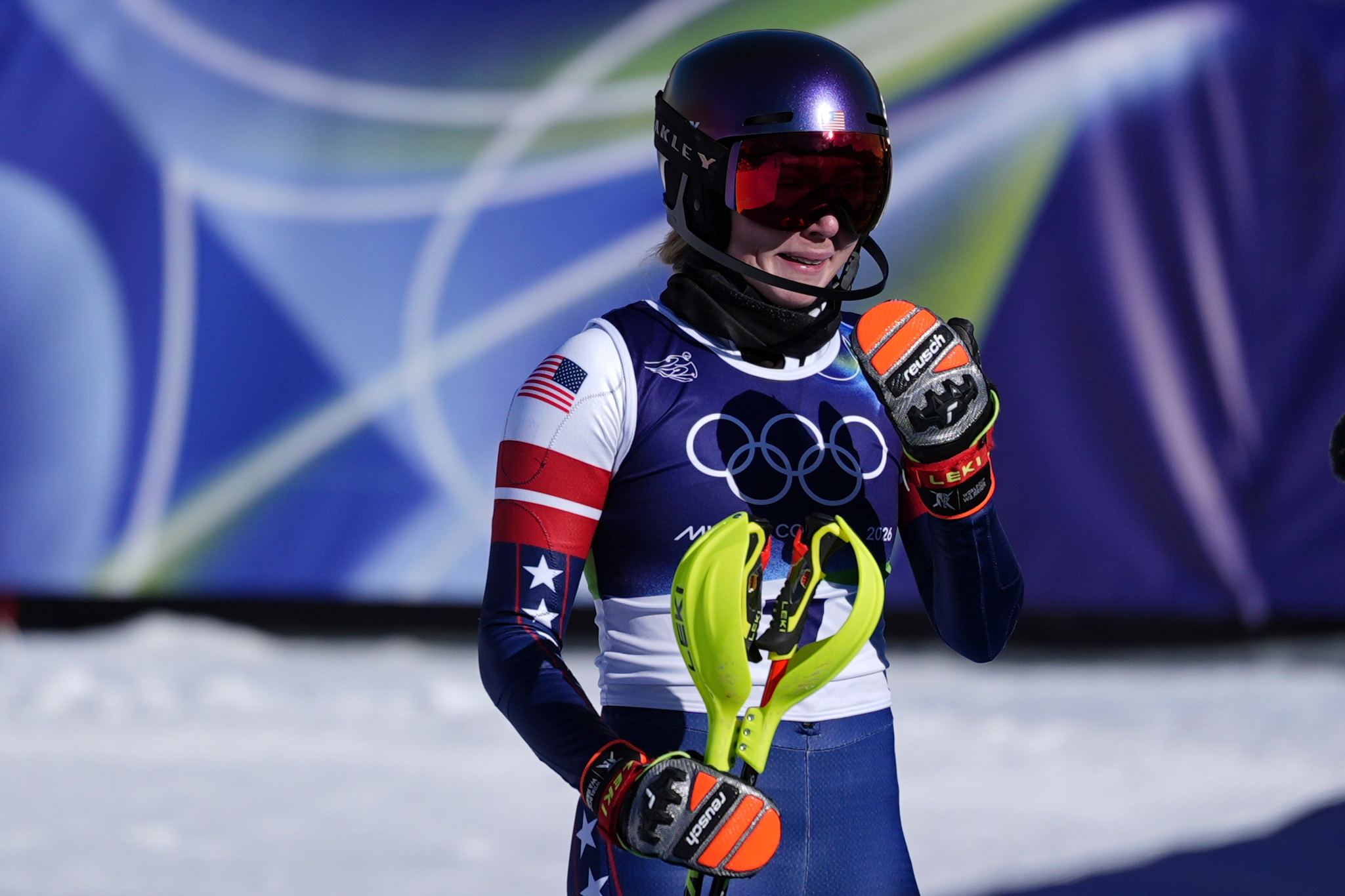 Mikaela Shiffrin is overcome with emotion after winning an alpine ski, women's slalom race.
