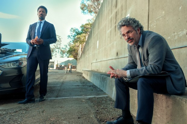 Corey Hawkins, left, and Mark Ruffalo portray Los Angeles police detectives in "Crime 101." (Courtesy of Amazon MGM Studios Content Services)