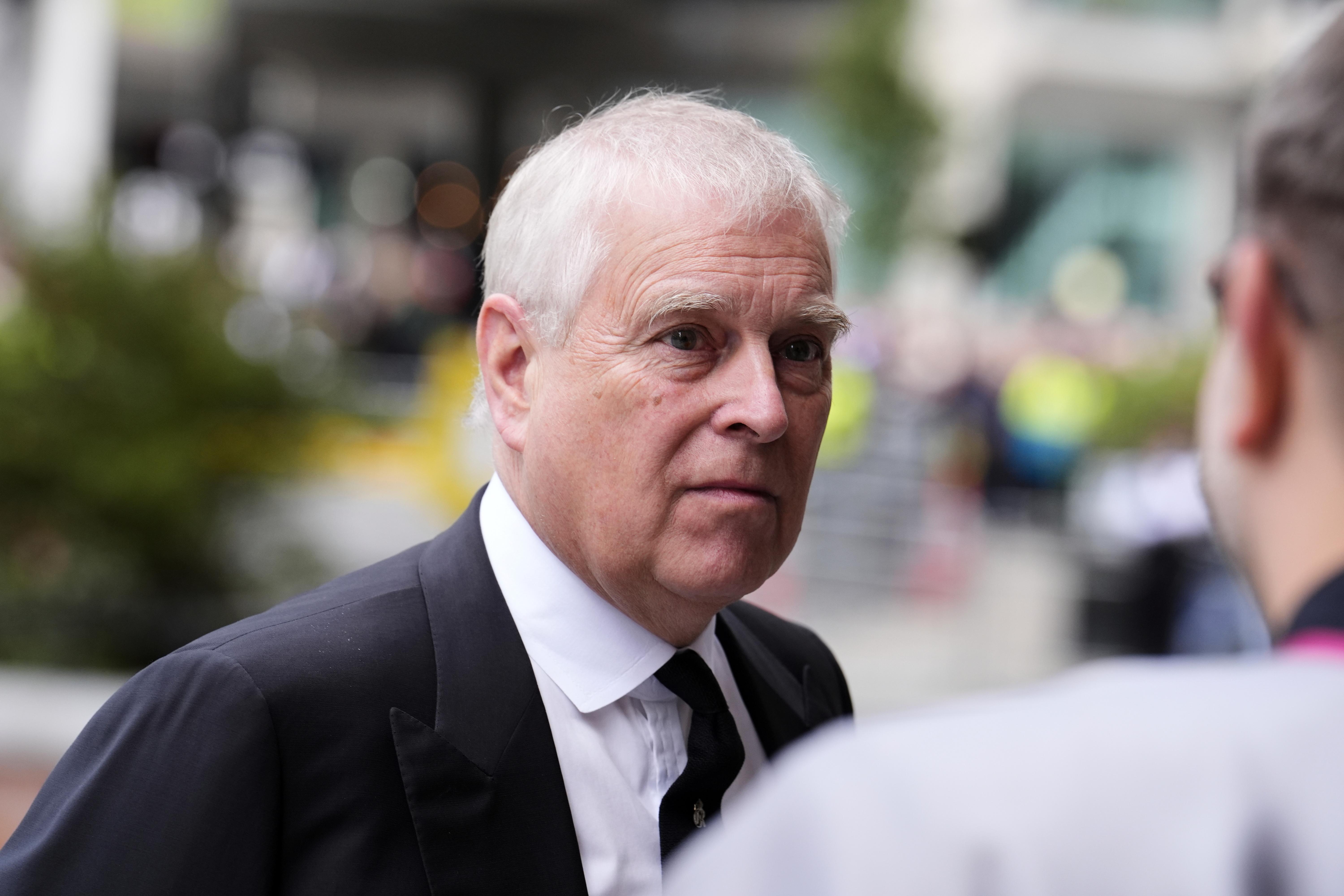 FILE – Prince Andrew arrives for the funeral of the...