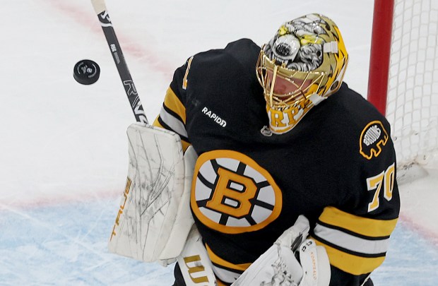 Boston Bruins goaltender Joonas Korpisalo blocks a shot during the second period of a 4-2 win over the Columbus Blue Jackets. (Photo By Matt Stone/Boston Herald).