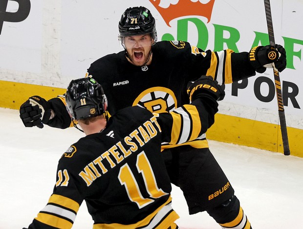 Boston Bruins left wing Viktor Arvidsson celebrates his open net goal with center Casey Mittelstadt (11) during the third period. (Photo By Matt Stone/Boston Herald)