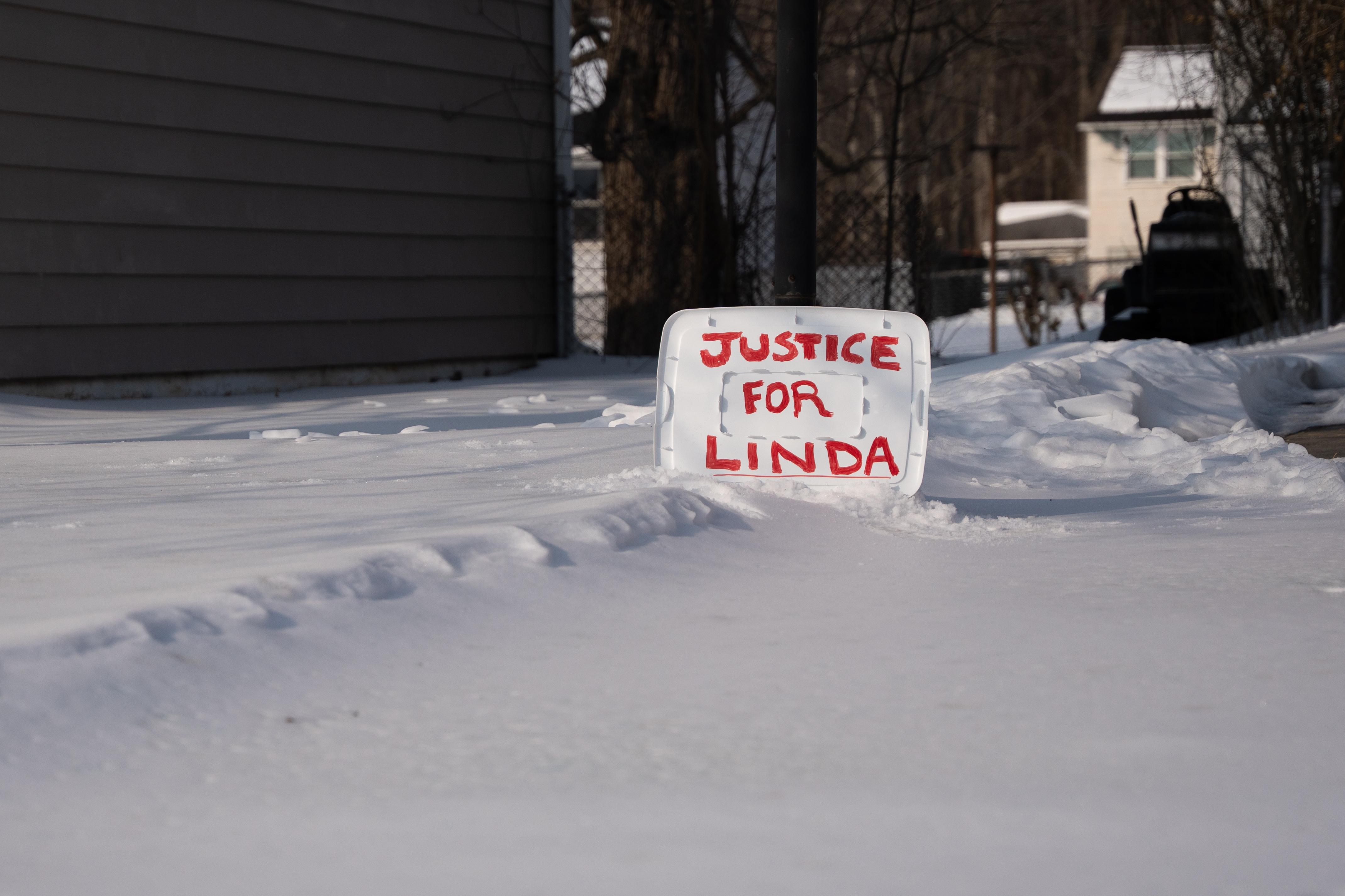 A sign reading “Justice for Linda” is seen in a...