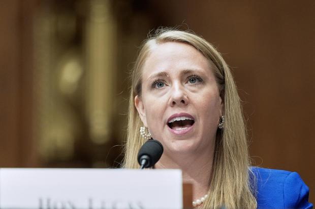 FILE - Andrea Lucas, nominee to be a member of the Equal Employment Opportunity Commission, testifies during a Senate Health, Education, Labor, and Pensions (HELP) Committee hearing, June 18, 2025, on Capitol Hill in Washington. (AP Photo/Mariam Zuhaib, File)