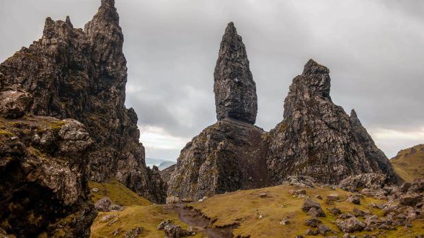 The rugged formation of Old Man of Storr is associated with the Scottish legend of a giant swallowed by the earth with only his thumb showing. (Patricia Nickell/TNS)