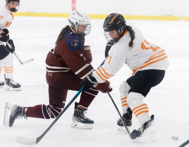 Belmont's Thea Monovich, left, slides the puck through the legs of Woburn's Aislin Grammar, right, during the first period of a hockey game Saturday, February 7, 2026, in Woburn, Massachusetts. (Photo by Paul Connors/Media News Group/Boston Herald)