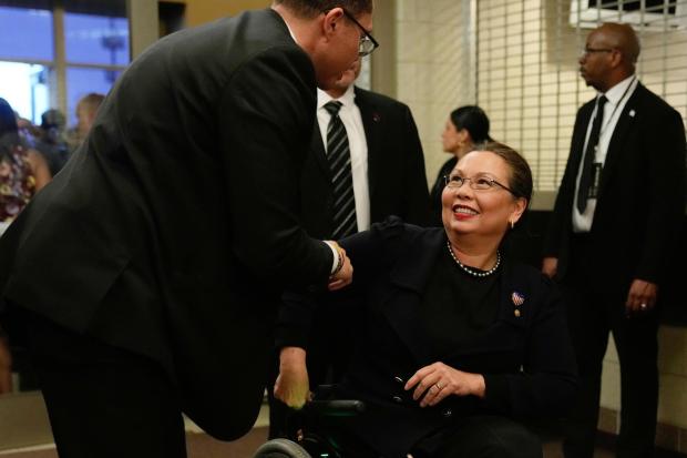 Sen. Tammy Duckworth, D-Ill., arrives for the Public Homegoing Service for the Rev. Jesse Jackson at the House of Hope in Chicago, Friday, March 6, 2026. (AP Photo/Erin Hooley)