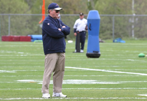 Ernie Adams, football research director for the New England Patriots, watches during NFL football practice, in Foxborough, Mass., in this Thursday, May 23, 2019 file photo. (AP Photo/Charles Krupa, File)