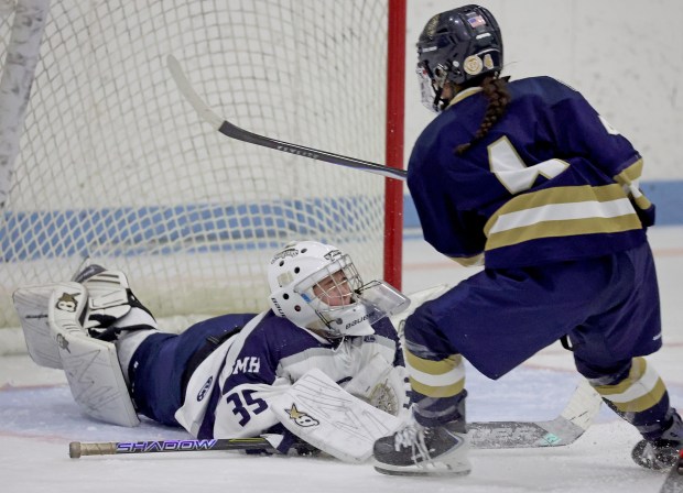 St. Mary's goaltender Avery Sico blocks a shot from Malden Catholic's Megan VanDorpe during a girls hockey game. (Photo By Matt Stone/Boston Herald)