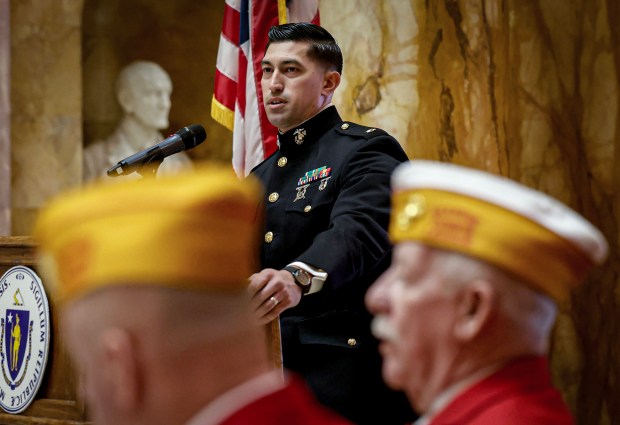 Keynote speaker USMC Major Ryan Hilgendorf speaks during Iwo Jima Day in Memorial Hall at the State House, Thursday. The battle of Iwo Jima began on Feb. 19, 1945. (Mark Stockwell/Boston Herald)