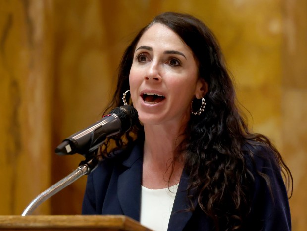 Massachusetts State Auditor Diana DiZoglio speaks during Iwo Jima Day in Memorial Hall at the State House, Thursday. The battle of Iwo Jima began on Feb. 19, 1945. (Mark Stockwell/Boston Herald)