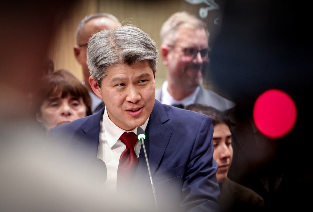 Cambridge City Manager Yi-An Huang speaks during a press conference Thursday after Mayor Michelle Wu signed an executive order that prohibits ICE officers from using public property in Boston for immigration enforcement. (Mark Stockwell/Boston Herald)