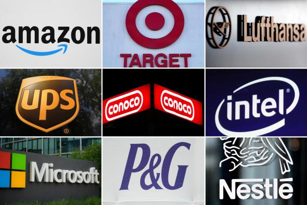 This undated combination of photos shows clockwise from top left the company logos for Amazon, Target, Lufthansa Group, UPS, ConocoPhillips, Intel, Microsoft, Procter & Gamble and Nestle.