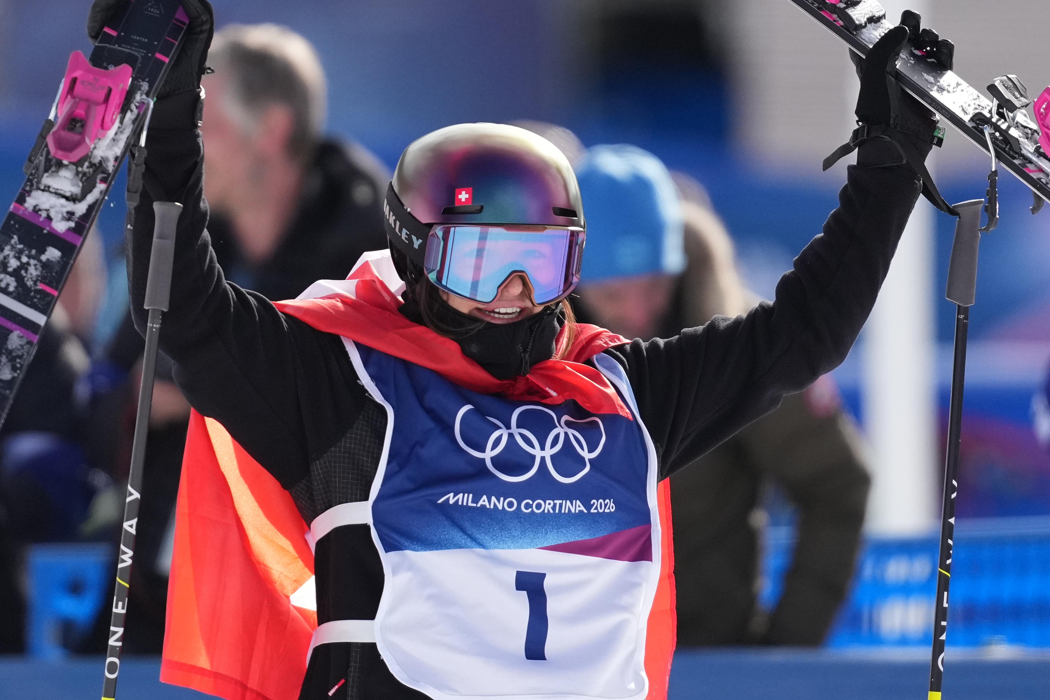 Switzerland’s Mathilde Gremaud celebrates her gold medal win in the...