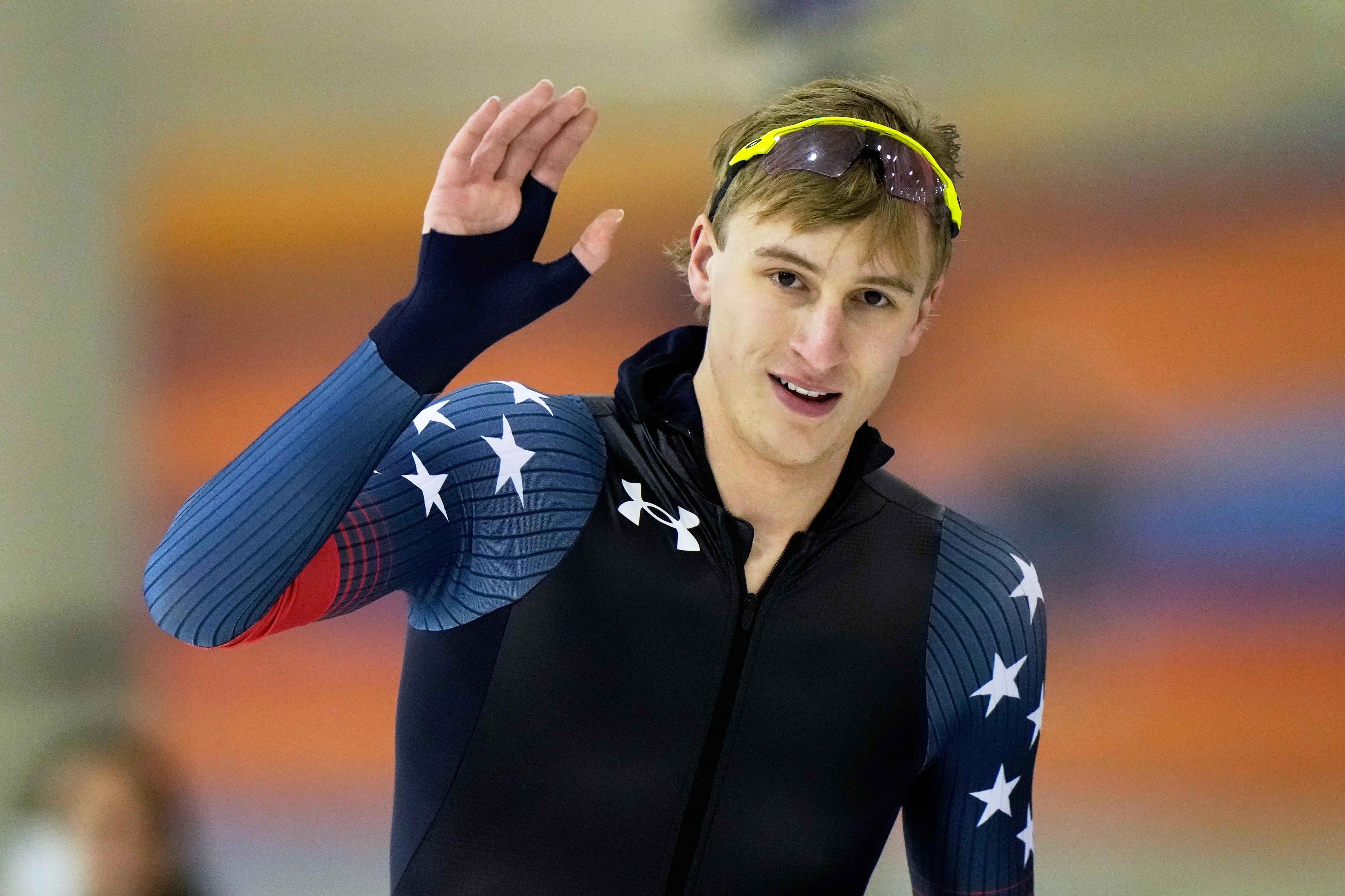 Jordan Stolz reacts after competing in the men’s 500 meters...