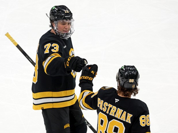 Boston Bruins defenseman Charlie McAvoy (73) celebrates his goal with right wing David Pastrnak against the Vegas Golden Knights during the first period at the TD Garden. (Photo By Matt Stone/Boston Herald)