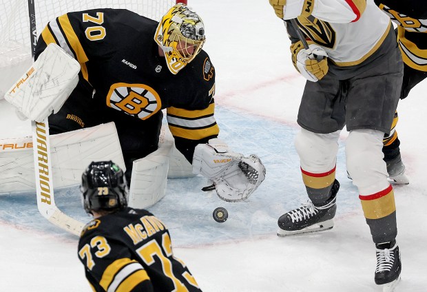Boston Bruins goaltender Joonas Korpisalo (70) makes one of his 29 saves against the Vegas Golden Knights. (Photo By Matt Stone/Boston Herald)