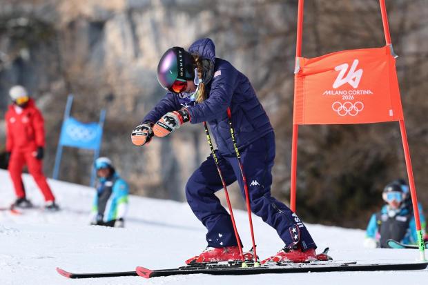 Mikaela Shiffrin visualizes the course ahead of the second run of an alpine ski, women's giant slalom race.
