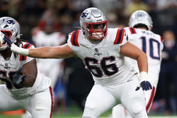 Will Campbell of the New England Patriots blocks for Drake Maye during a game earlier this season against the New Orleans Saints at Caesars Superdome on October 12, 2025 in New Orleans, Louisiana. (Photo by Kenneth Richmond/Getty Images)