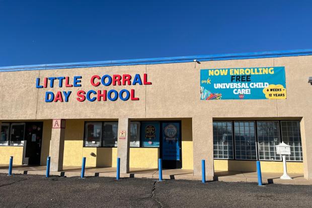 Little Corral Day School advertises free child care in Albuquerque, N.M., Thursday, Feb. 5, 2026. (AP Photo/Savannah Peters)