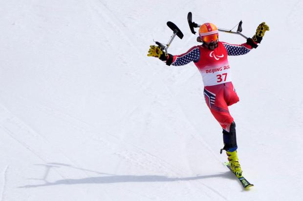 Patrick Halgren of the United States reacts after competing in the men's slalom at the 2022 Winter Paralympics.