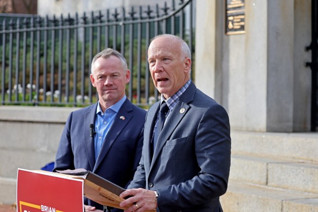 Mass. Gov. Candidate Brian Shortsleeve, left, is endorsed by state senator Peter Durant. (Staff Photo By Stuart Cahill/Boston Herald)