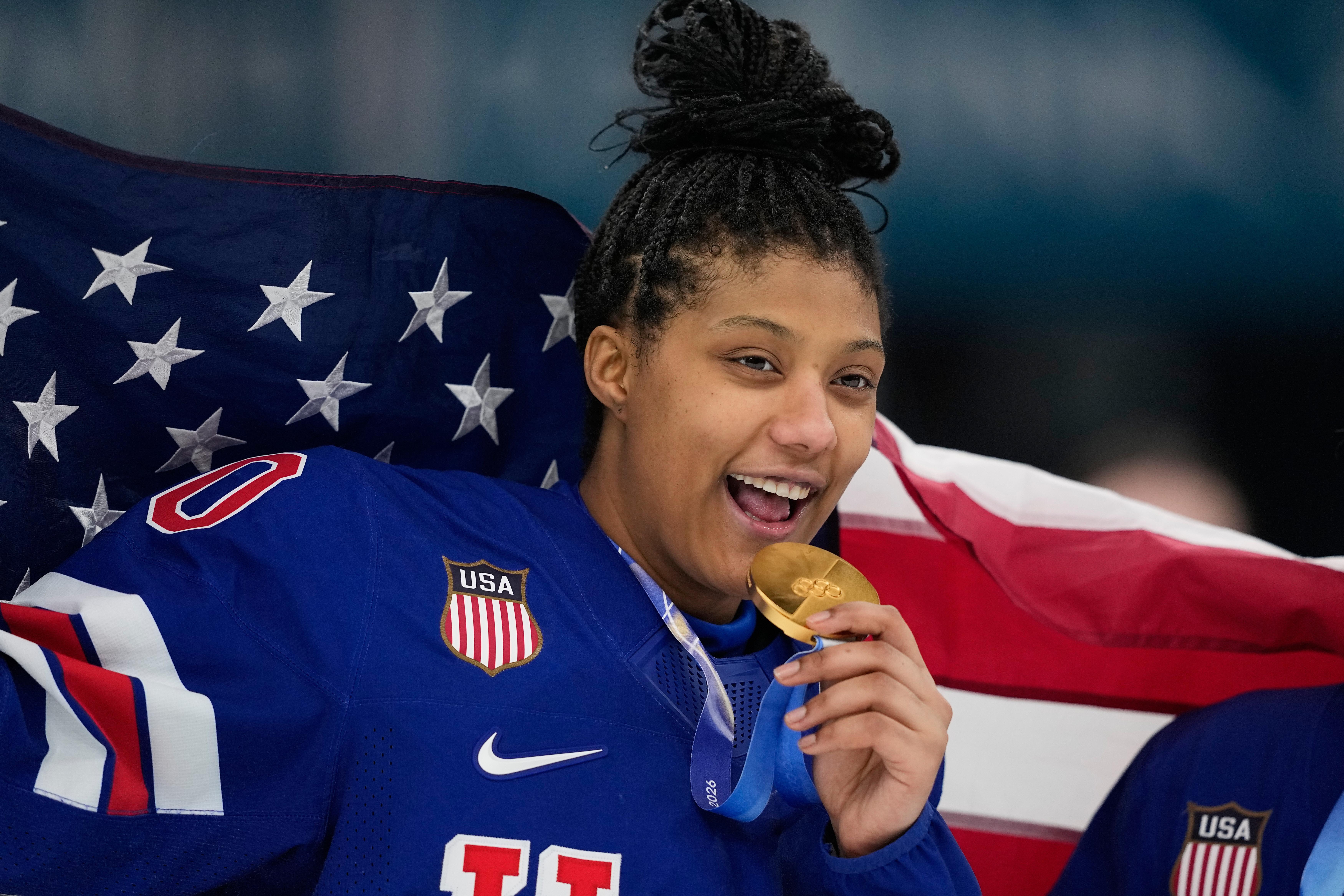 United States' Laila Edwards poses with her gold medal.