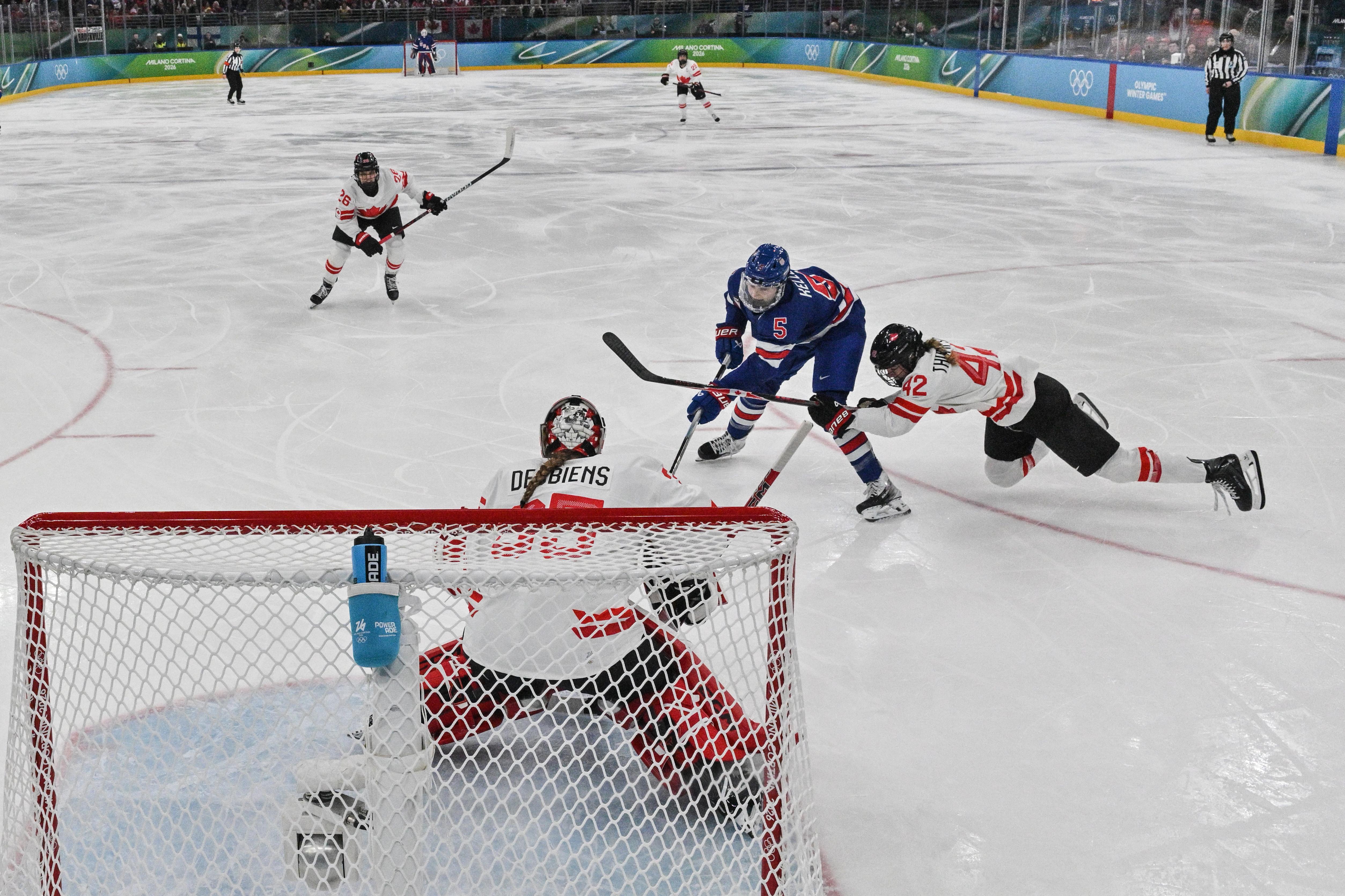 Megan Keller scores the winning goal during the women's ice hockey gold medal game.