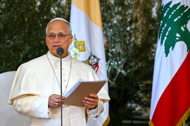 Pope Leo XIV delivers his speech during a farewell ceremony at the Beirut International Airport in Beirut, Lebanon, Tuesday, Dec. 2, 12025. (Andreas Solaro/Pool Photo via AP)