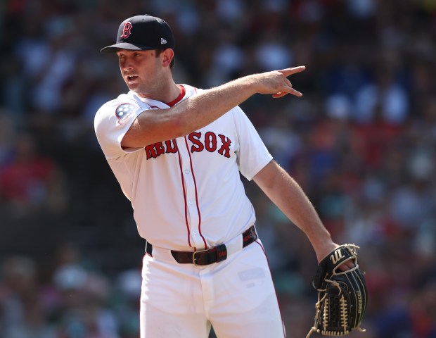 Boston, MA - Boston Red Sox pitcher Garrett Whitlock reacts during the 7th inning at Fenway Park. (Nancy Lane/Boston Herald)