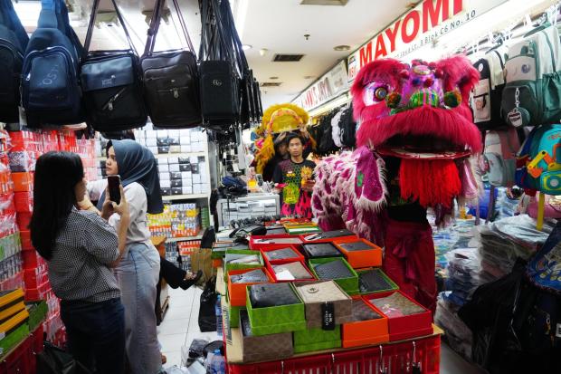 Lion dancers perform at a market