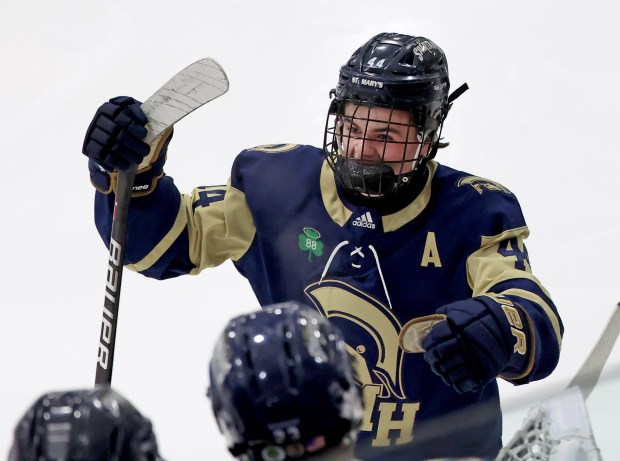 St. Mary's player Evan Toto celebrates his goal during a boys hockey game against Arlington Catholic on Saturday in Arlington. The teams finished tied 2-2. (Mark Stockwell/Boston Herald)