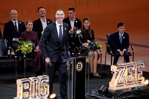 Zdeno Chara acknowledges the fans during his number retirement ceremony at TD Garden. (Photo By Matt Stone/Boston Herald)