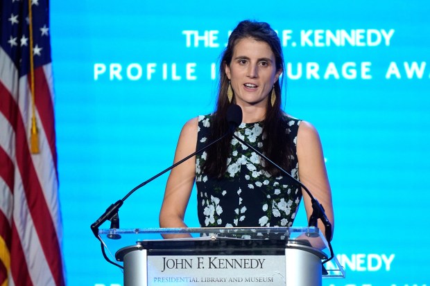 Tatiana Schlossberg, the daughter of Caroline Kennedy and Edwin Schlossberg, addresses an audience during the John F. Kennedy Profile in Courage Award ceremony, at the John F. Kennedy Presidential Library and Museum in Boston, Oct. 29, 2023.
