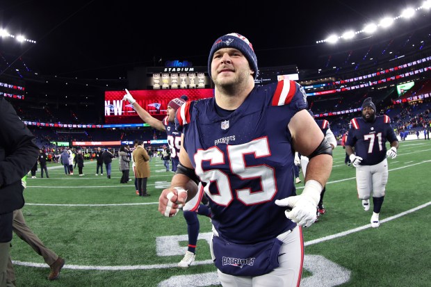 Garrett Bradbury of the New England Patriots looks on after the AFC Wild Card game against the Los Angeles Chargers at Gillette Stadium. (Photo by Adam Glanzman/Getty Images)