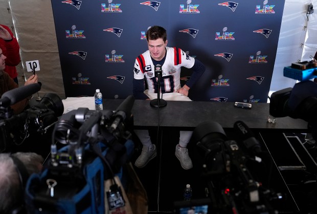 Drake Maye of the New England Patriots addresses the media prior to Super Bowl LX at the Santa Clara Marriott on February 04, 2026 in Santa Clara, California. (Photo by Thearon W. Henderson/Getty Images)