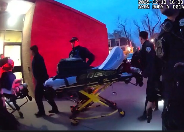 EMS units respond to the Brown University shooting Dec. 13, 2025. (Providence Police body camera video.)